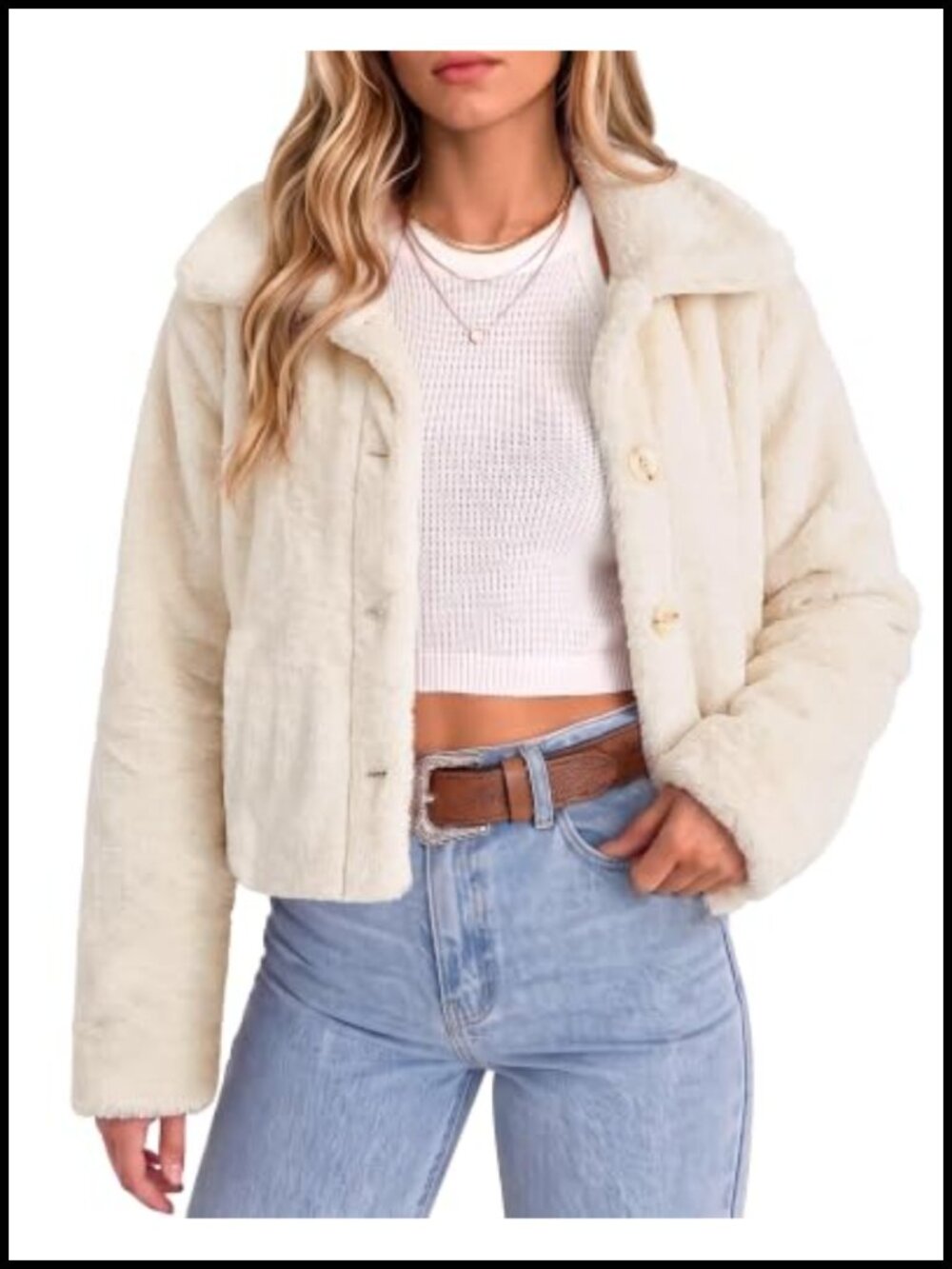 Faux Fur Cropped Jacket Fuzzy Fluffy Button Front Fall Winter Coat